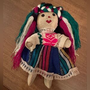 Vintage Mexican Handmade Traditional Rag Doll Embroidered Tall Folk Art